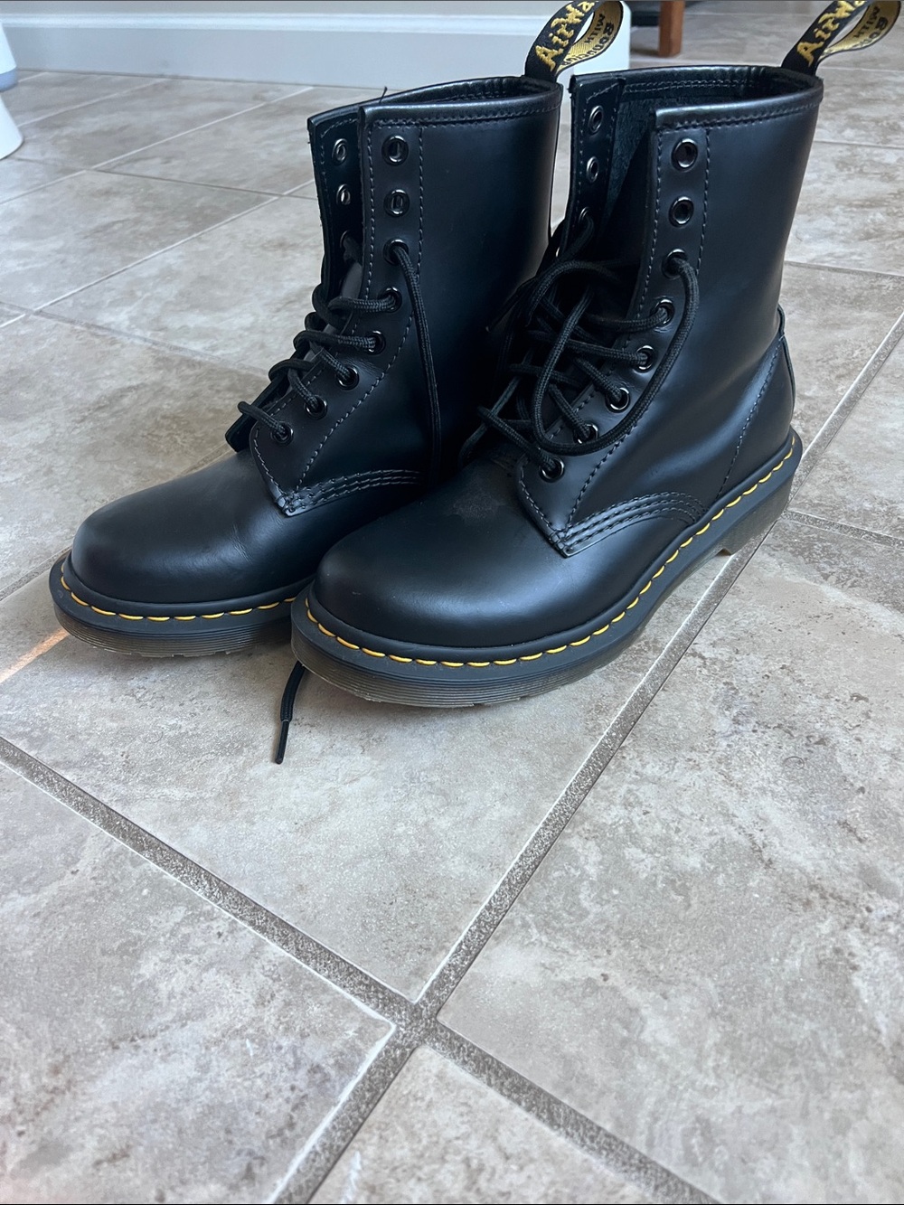 Dr. Martens Black Leather Lace-Up Boots with Yellow Stitching